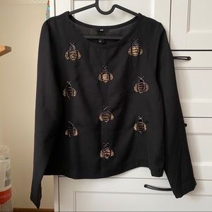 Embellished bee blouse long sleeve black top